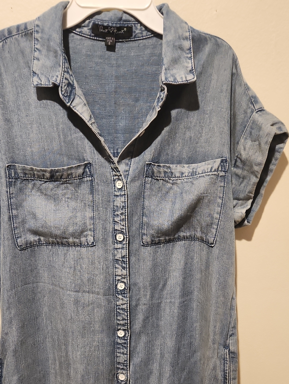 ❤️ VELVET HEART BUTTON DOWN CHAMBRAY SHIRT DRESS WITH POCKETS, SMALL - Picture 5 of 8